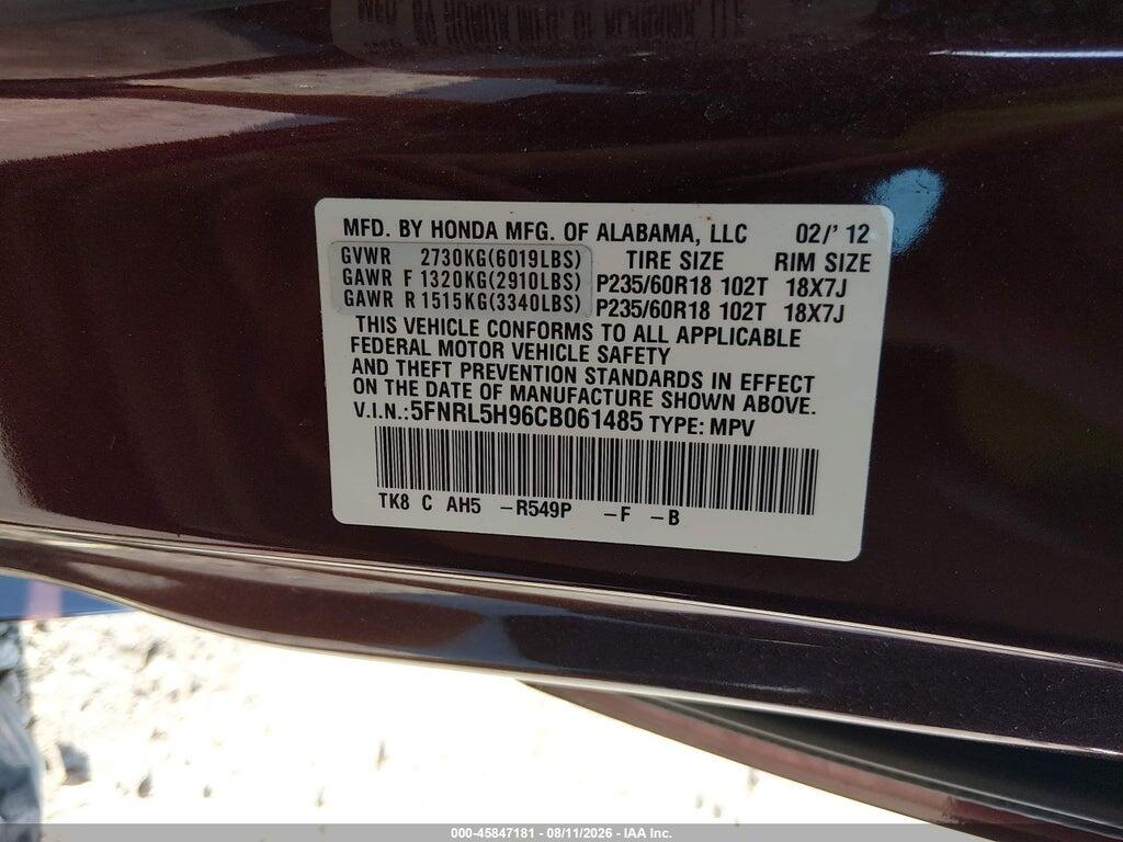5FNRL5H96CB061485 2012 HONDA ODYSSEY photo no. 9