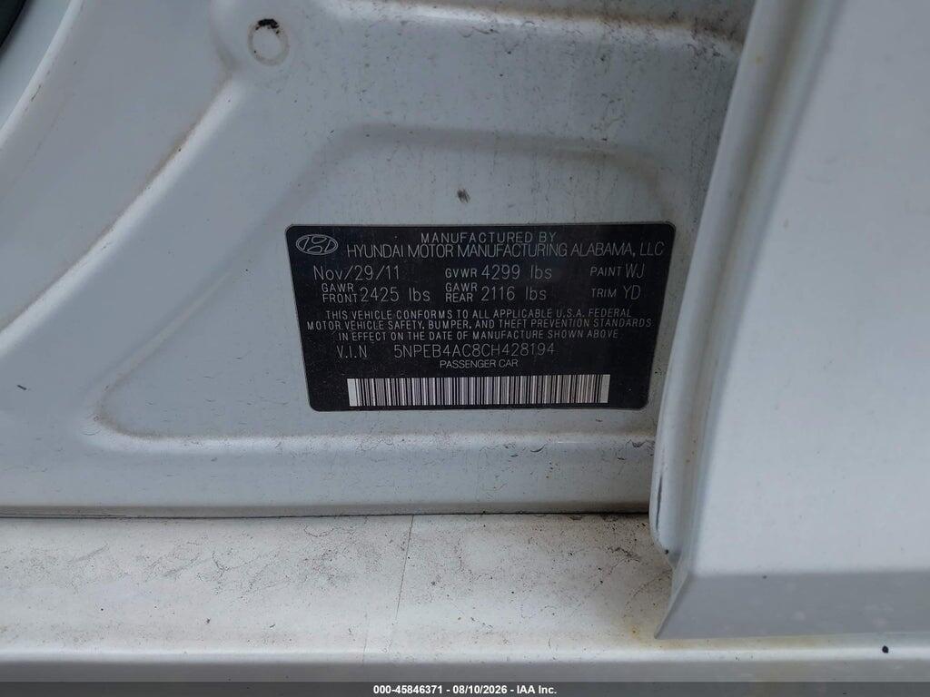 5NPEB4AC8CH428194 2012 HYUNDAI SONATA photo no. 9