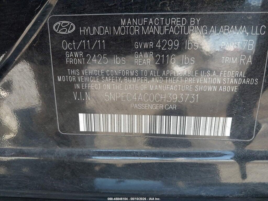 5NPEC4AC0CH393731 2012 HYUNDAI SONATA photo no. 9