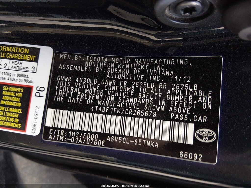 4T4BF1FK7CR265678 2012 TOYOTA CAMRY photo no. 9