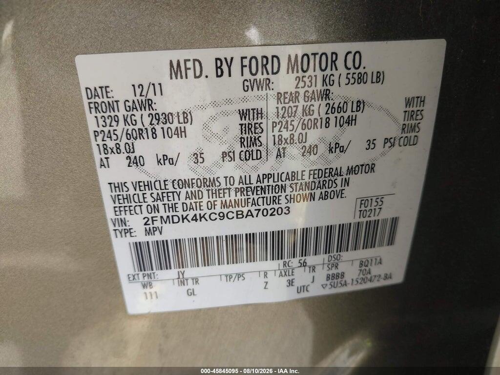 2FMDK4KC9CBA70203 2012 FORD EDGE photo no. 9