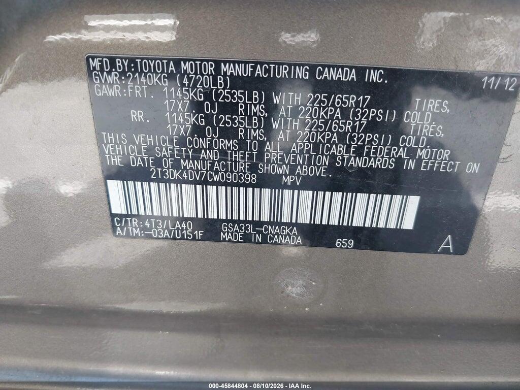 2T3DK4DV7CW090398 2012 TOYOTA RAV4 photo no. 9