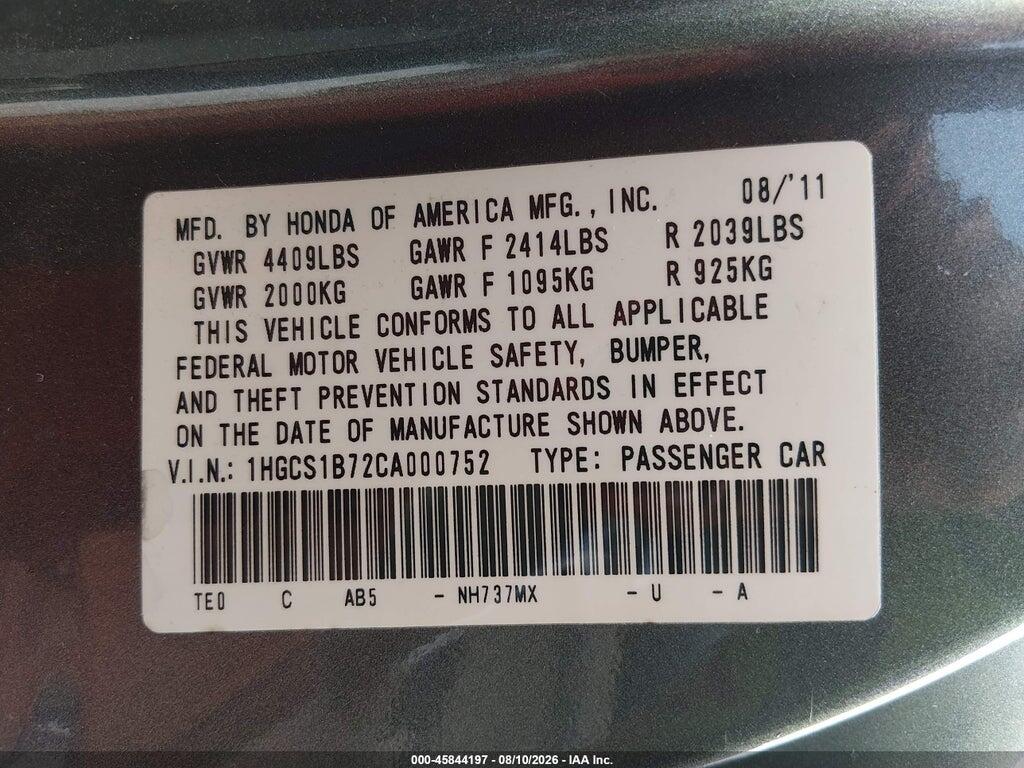 1HGCS1B72CA000752 2012 HONDA ACCORD photo no. 9