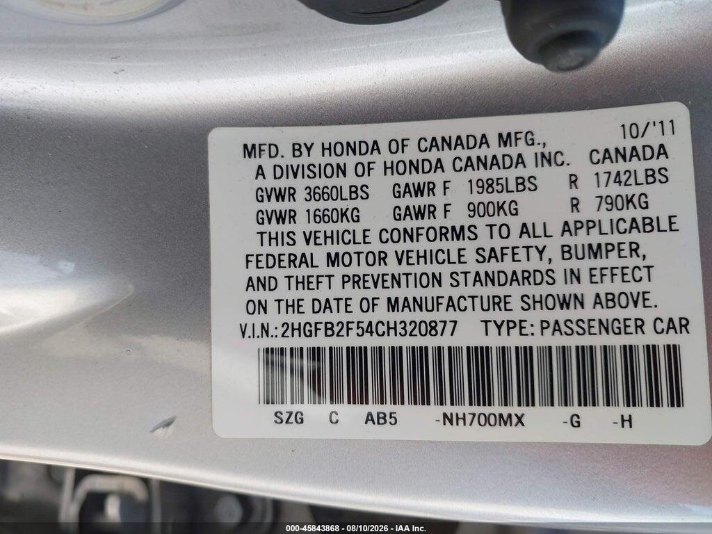2HGFB2F54CH320877 2012 HONDA CIVIC photo no. 9