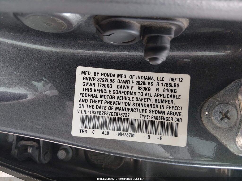 19XFB2F87CE076727 2012 HONDA CIVIC photo no. 9