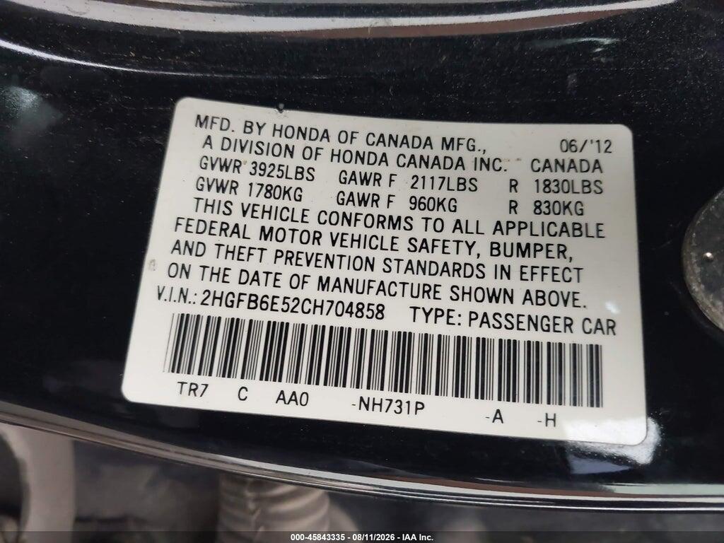 2HGFB6E52CH704858 2012 HONDA CIVIC photo no. 9