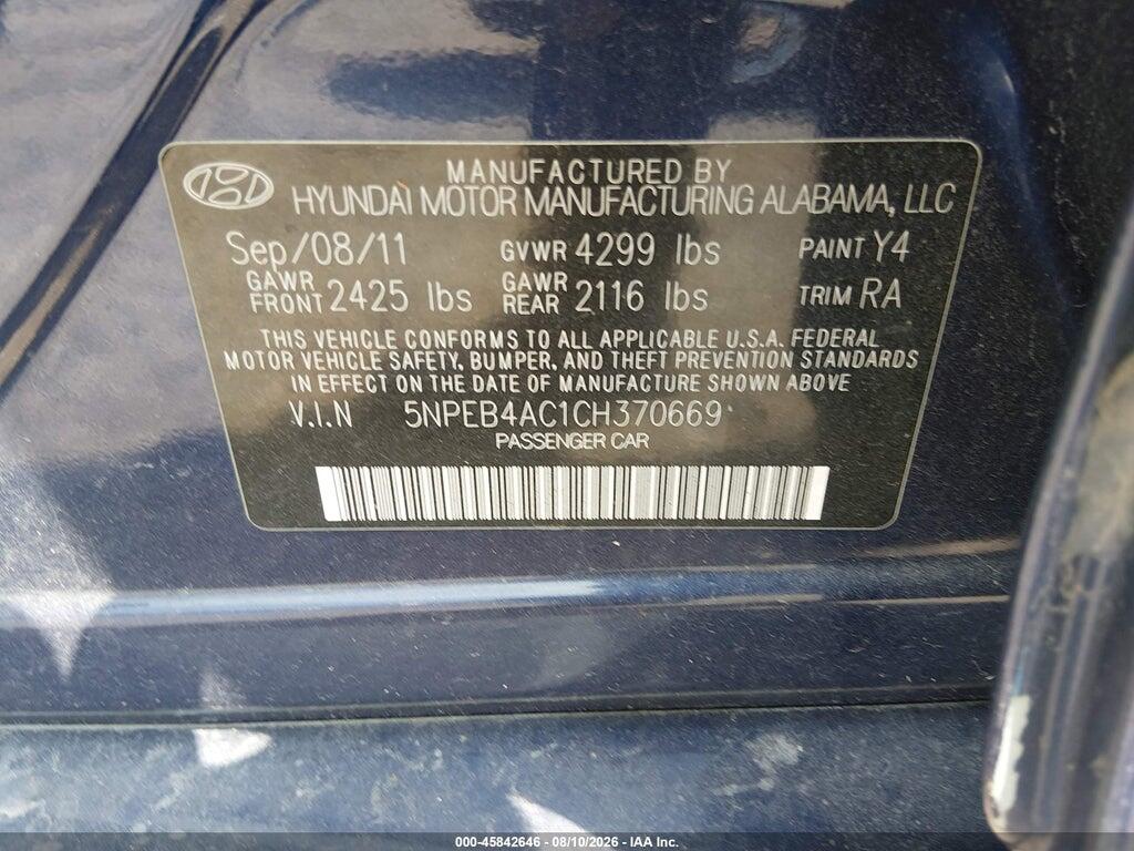 5NPEB4AC1CH370669 2012 HYUNDAI SONATA photo no. 9