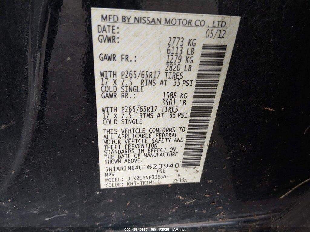 5N1AR1NB4CC623940 2012 NISSAN PATHFINDER photo no. 9