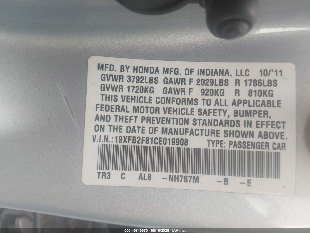 19XFB2F81CE019908 2012 HONDA CIVIC photo no. 9
