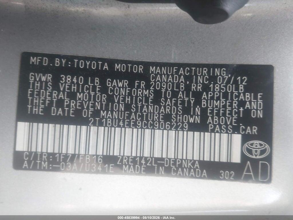 2T1BU4EE9CC906229 2012 TOYOTA COROLLA photo no. 9