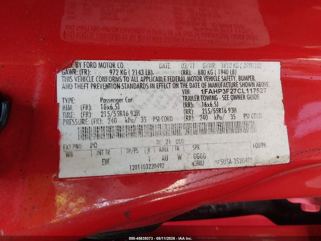 1FAHP3F27CL117527 2012 FORD FOCUS photo no. 9