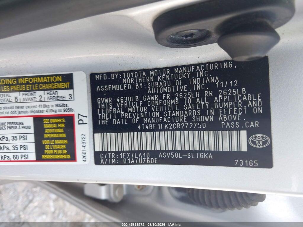4T4BF1FK2CR272750 2012 TOYOTA CAMRY photo no. 9