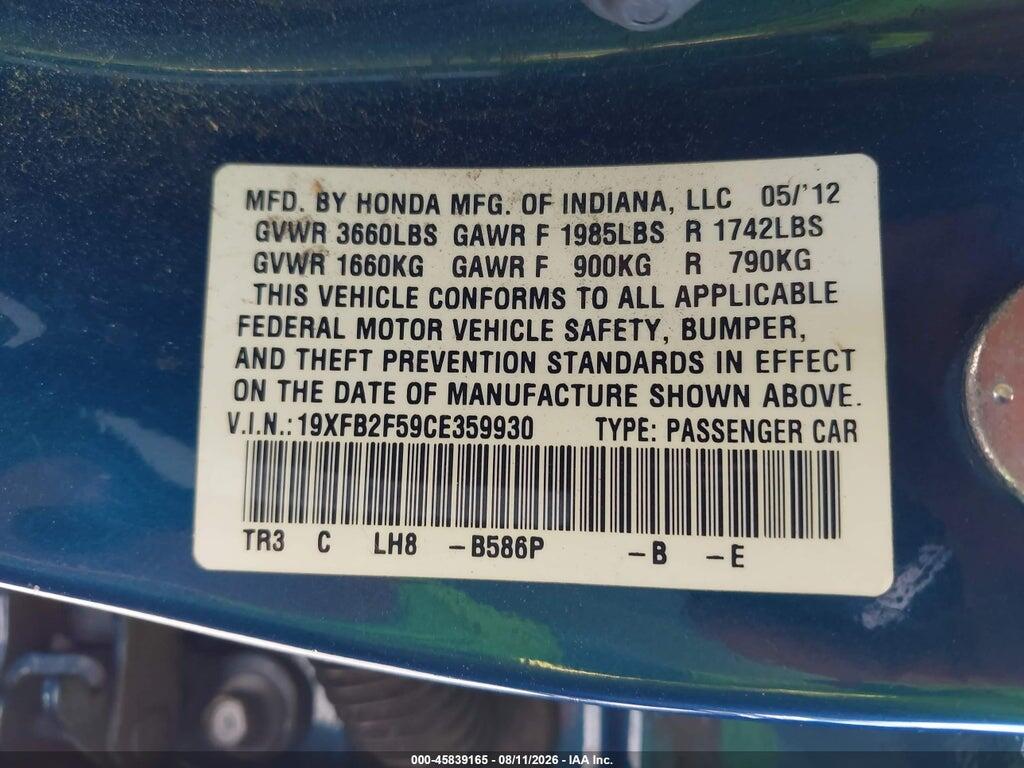 19XFB2F59CE359930 2012 HONDA CIVIC photo no. 9