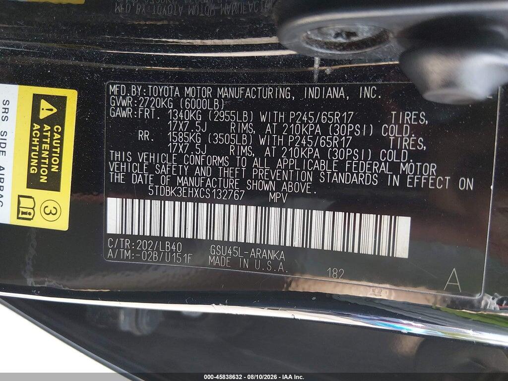 5TDBK3EHXCS132767 2012 TOYOTA HIGHLANDER photo no. 9