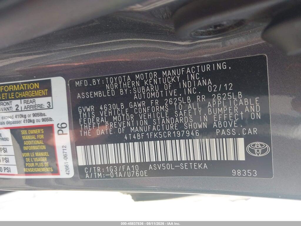 4T4BF1FK5CR197946 2012 TOYOTA CAMRY photo no. 9