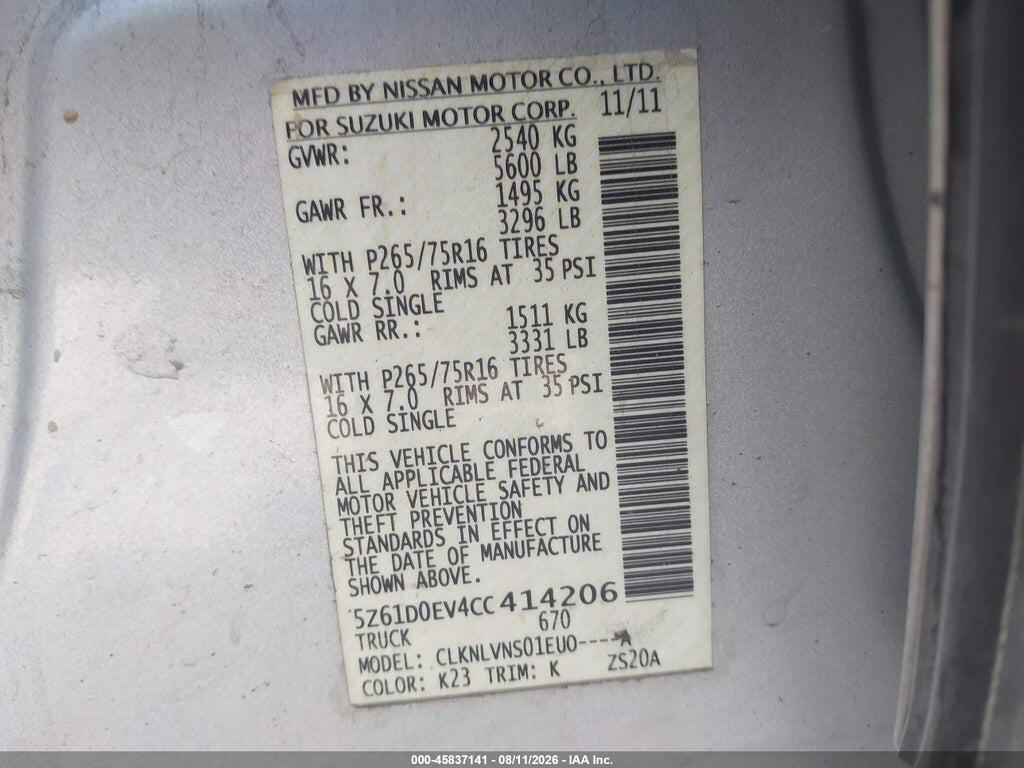 5Z61D0EV4CC414206 2012 SUZUKI EQUATOR photo no. 9