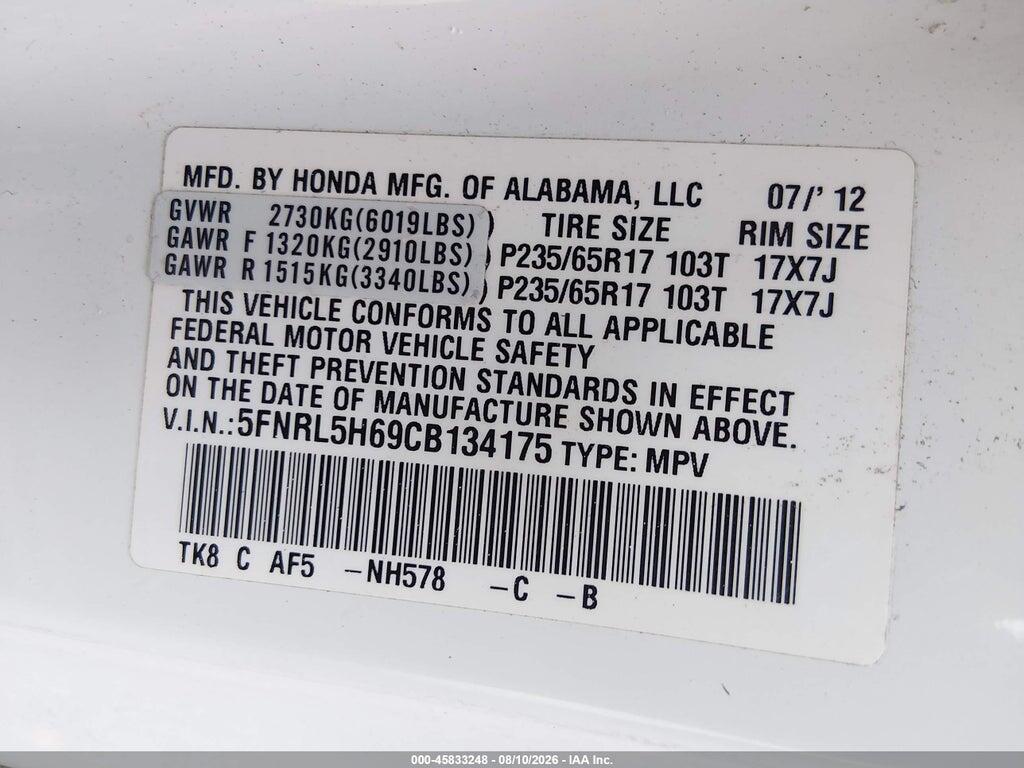 5FNRL5H69CB134175 2012 HONDA ODYSSEY photo no. 9