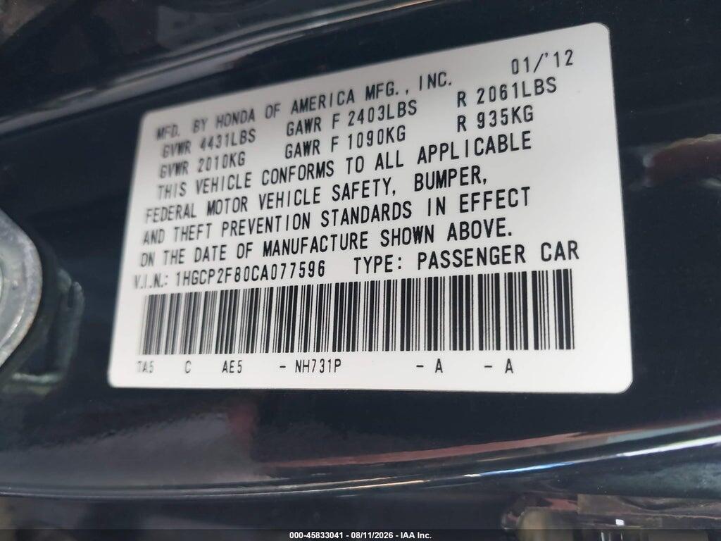 1HGCP2F80CA077596 2012 HONDA ACCORD photo no. 9