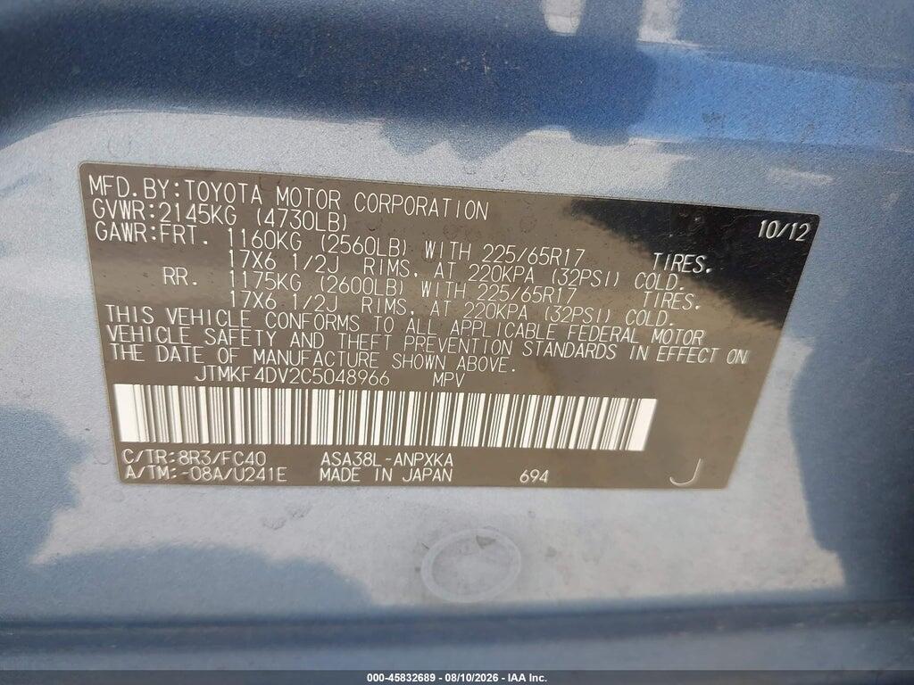 JTMKF4DV2C5048966 2012 TOYOTA RAV4 photo no. 9