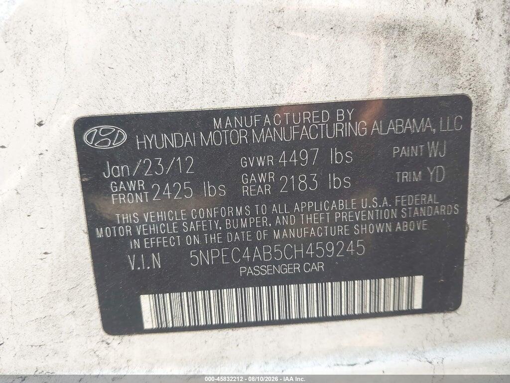 5NPEC4AB5CH459245 2012 HYUNDAI SONATA photo no. 9