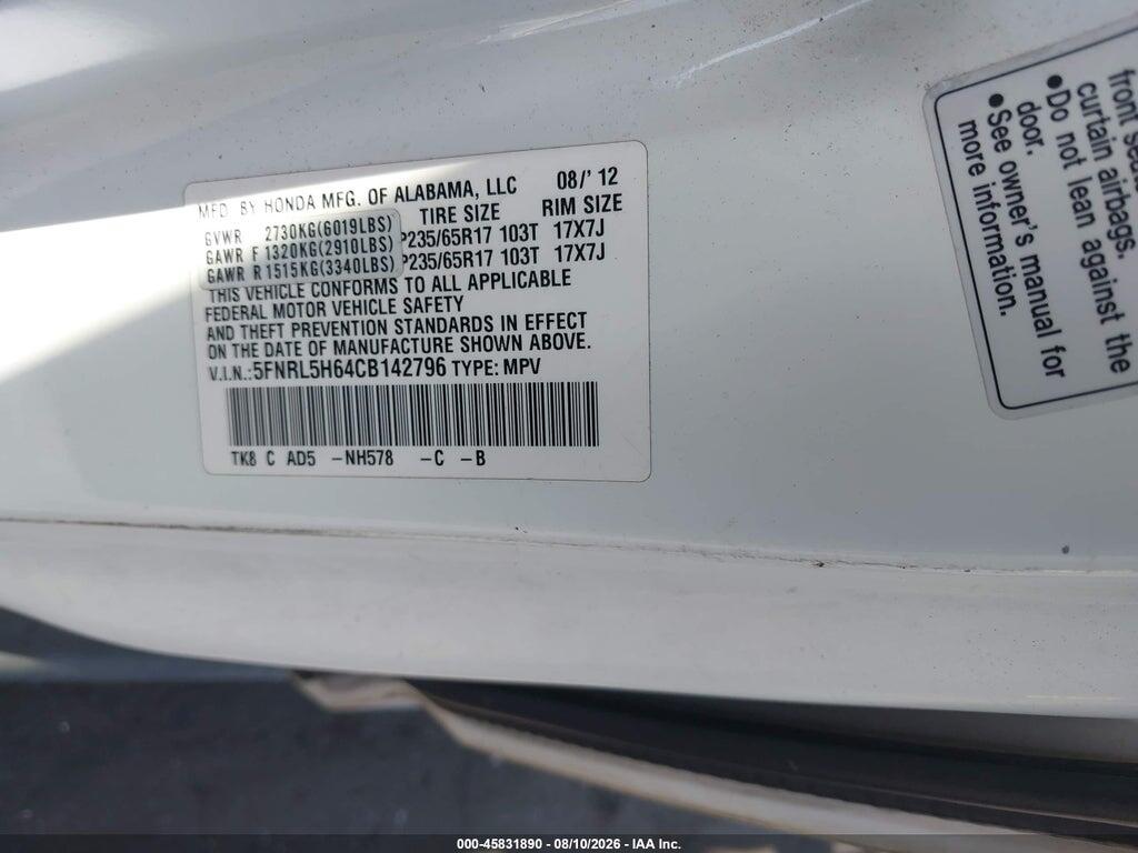 5FNRL5H64CB142796 2012 HONDA ODYSSEY photo no. 9