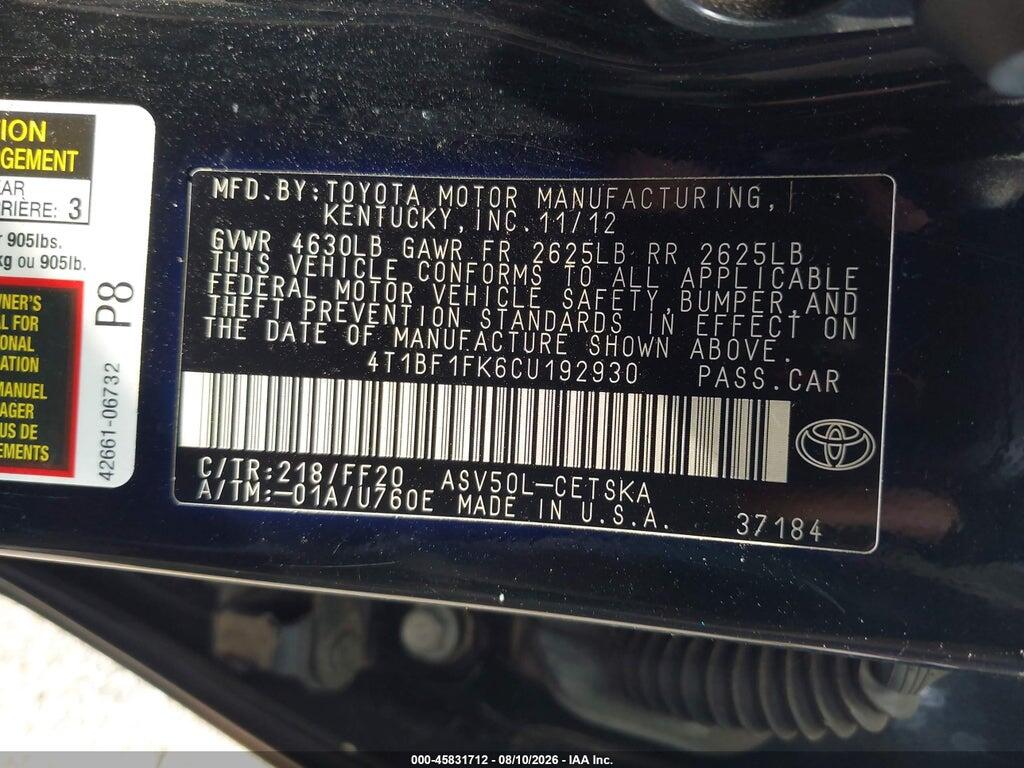 4T1BF1FK6CU192930 2012 TOYOTA CAMRY photo no. 9