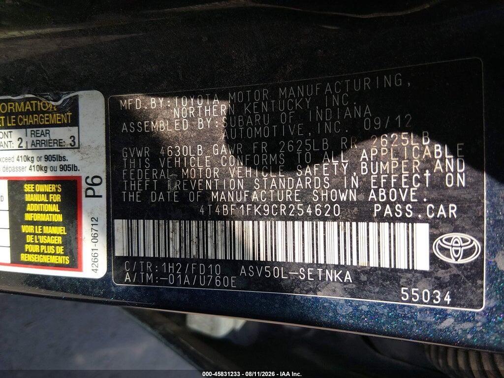 4T4BF1FK9CR254620 2012 TOYOTA CAMRY photo no. 9