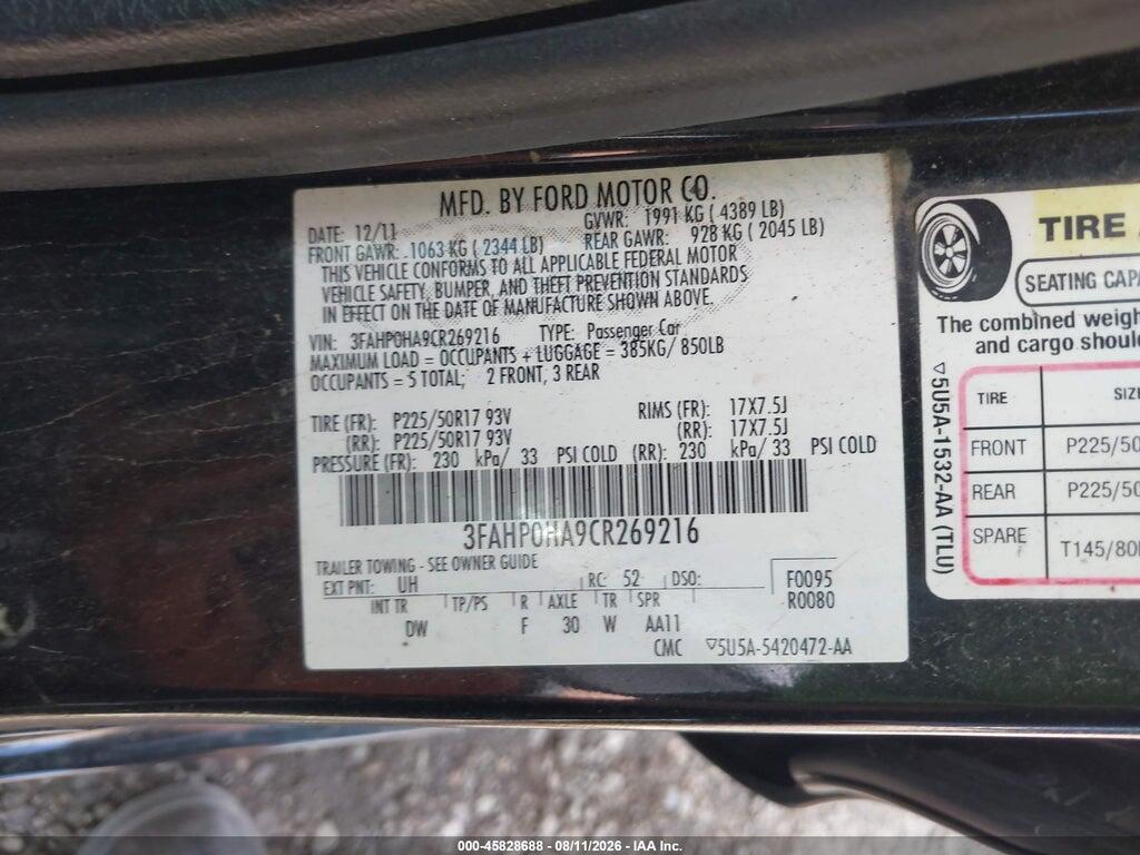 3FAHP0HA9CR269216 2012 FORD FUSION photo no. 9