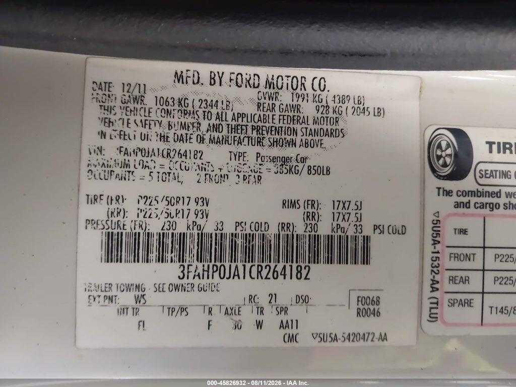 3FAHP0JA1CR264182 2012 FORD FUSION photo no. 9