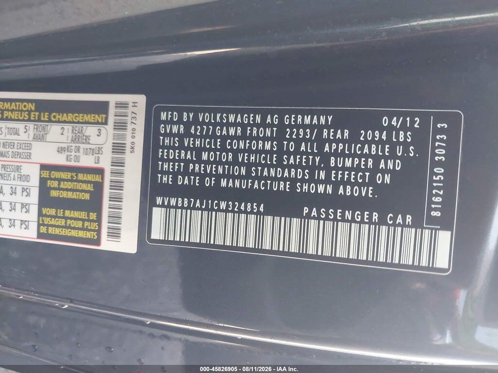 WVWBB7AJ1CW324854 2012 VOLKSWAGEN GOLF photo no. 9