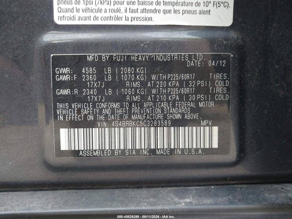 4S4BRBKC5C3283589 2012 SUBARU OUTBACK photo no. 9