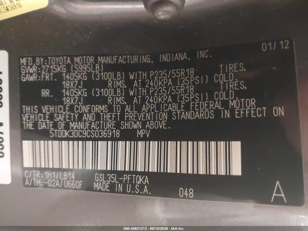 5TDDK3DC9CS036918 2012 TOYOTA SIENNA photo no. 9