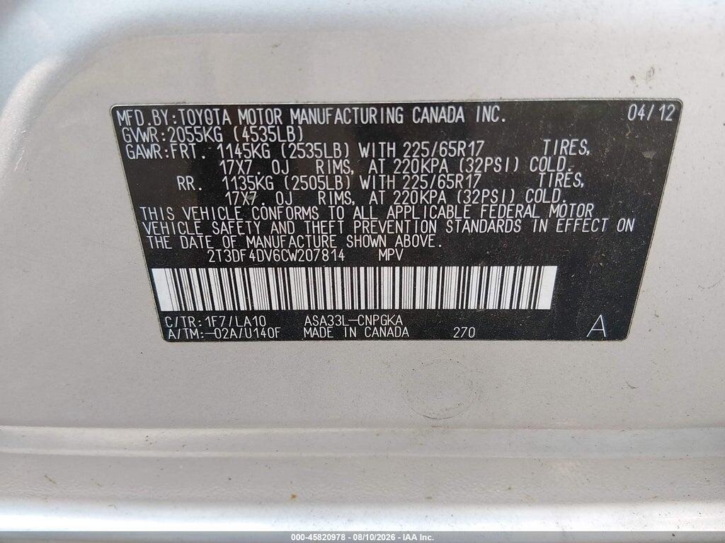 2T3DF4DV6CW207814 2012 TOYOTA RAV4 photo no. 9