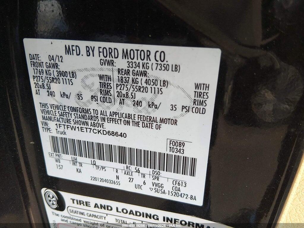 1FTFW1ET7CKD68640 2012 FORD F-150 photo no. 9