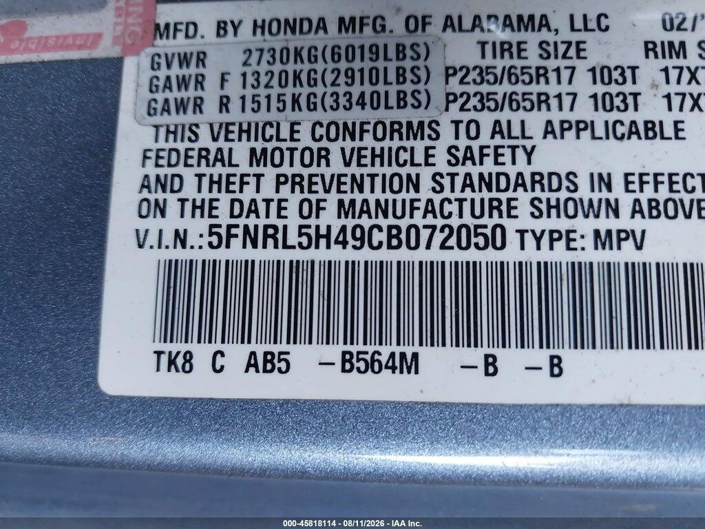 5FNRL5H49CB072050 2012 HONDA ODYSSEY photo no. 9
