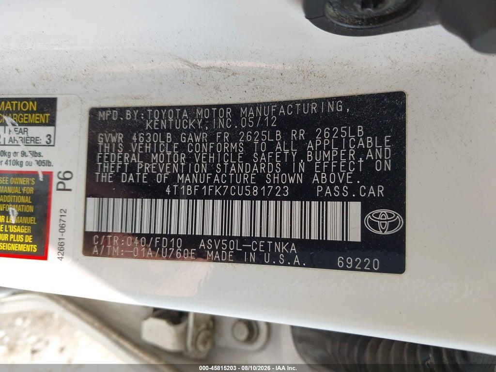 4T1BF1FK7CU581723 2012 TOYOTA CAMRY photo no. 9