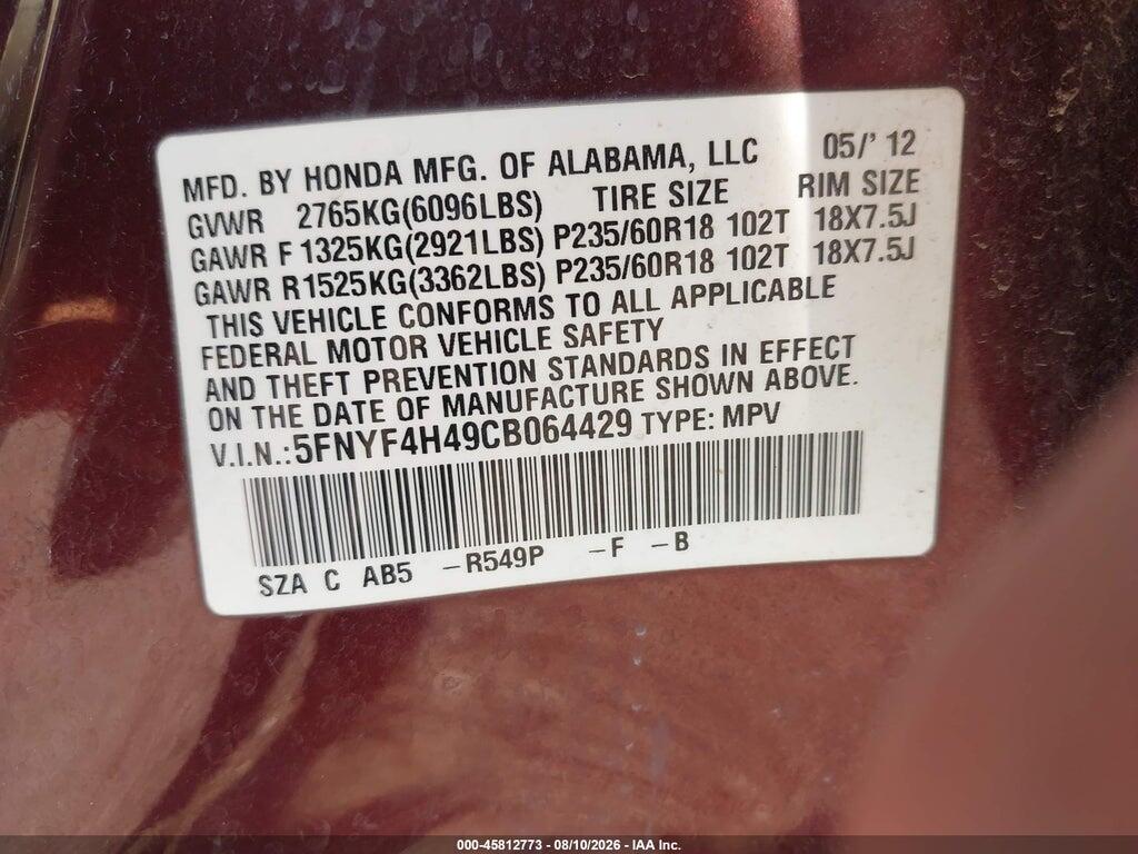 5FNYF4H49CB064429 2012 HONDA PILOT photo no. 9