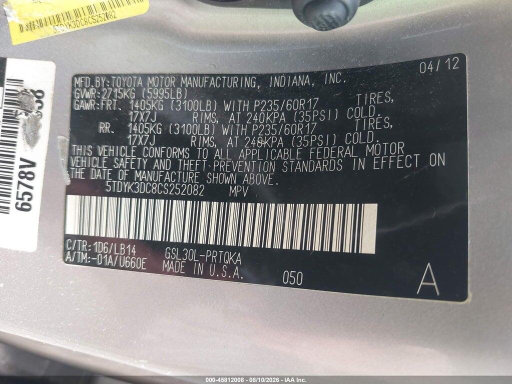5TDYK3DC8CS252082 2012 TOYOTA SIENNA photo no. 9