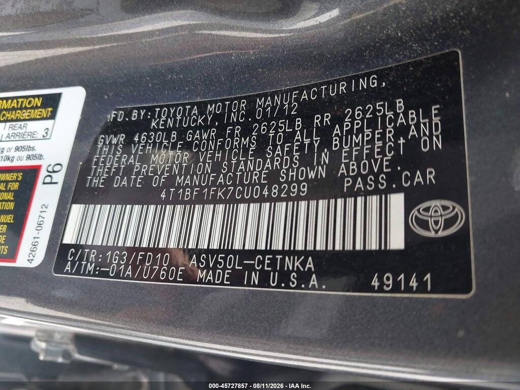 4T1BF1FK7CU048299 2012 TOYOTA CAMRY photo no. 9