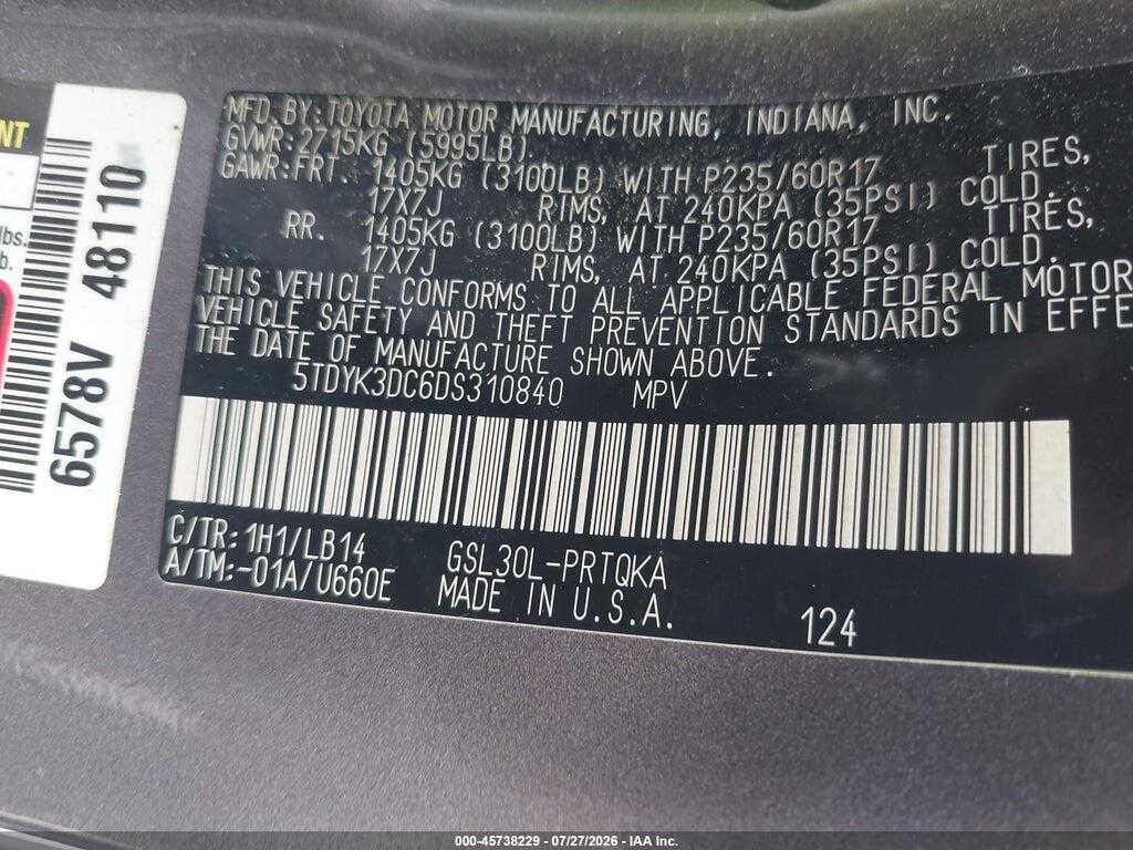 5TDYK3DC6DS310840 2013 TOYOTA SIENNA photo no. 9