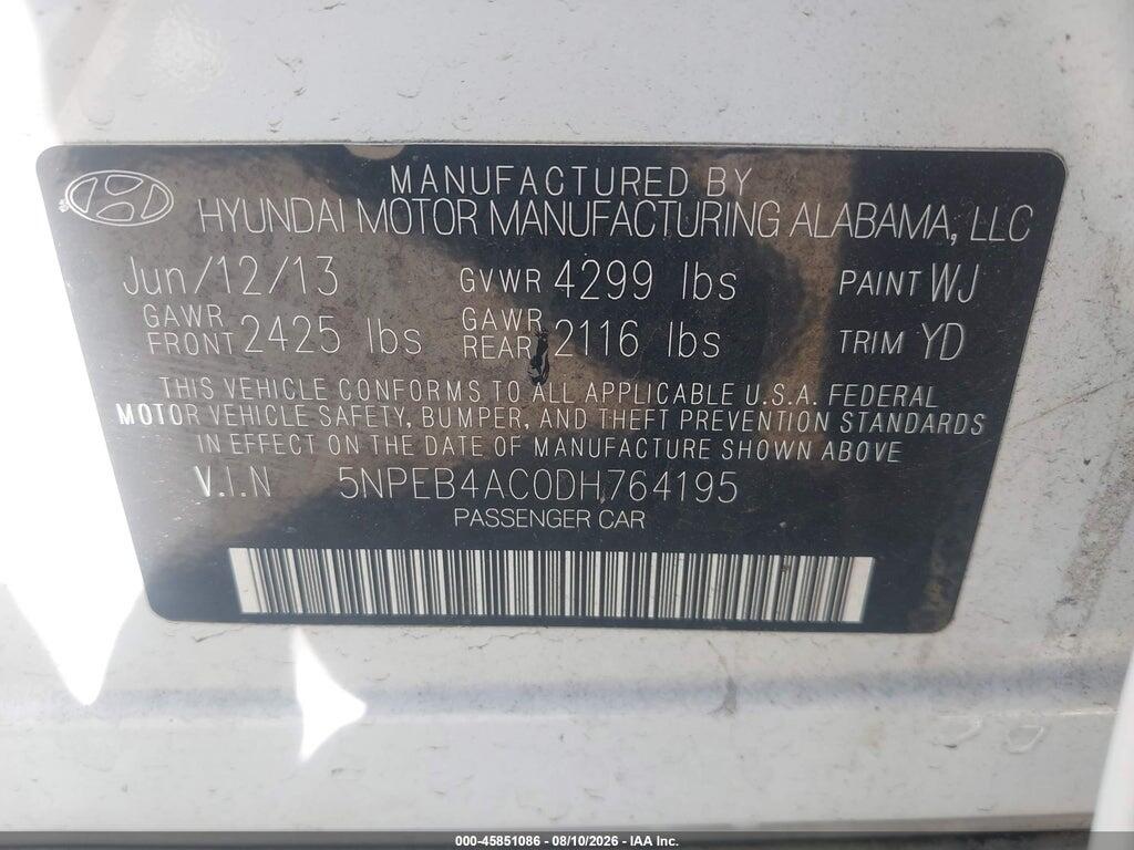5NPEB4AC0DH764195 2013 HYUNDAI SONATA photo no. 9