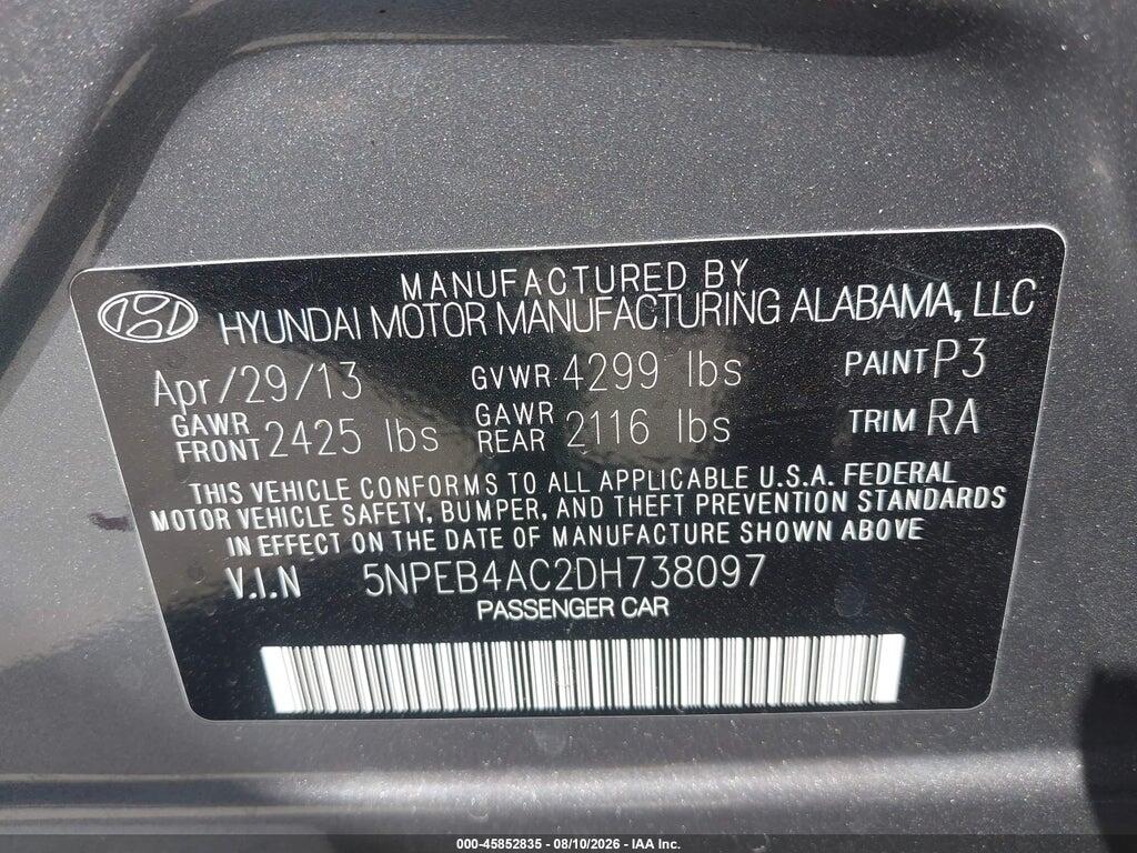 5NPEB4AC2DH738097 2013 HYUNDAI SONATA photo no. 9