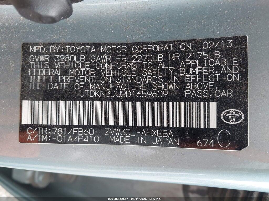 JTDKN3DU2D1659609 2013 TOYOTA PRIUS photo no. 9