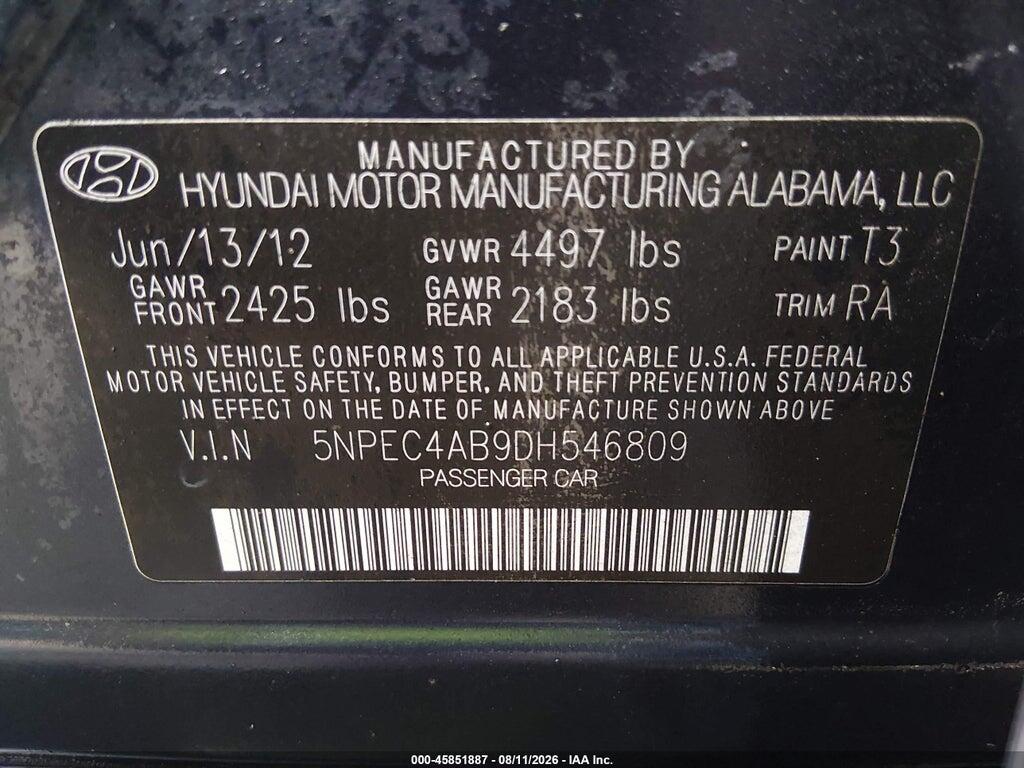 5NPEC4AB9DH546809 2013 HYUNDAI SONATA photo no. 9
