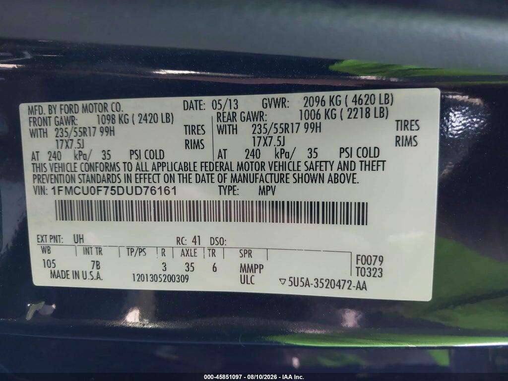 1FMCU0F75DUD76161 2013 FORD ESCAPE photo no. 9