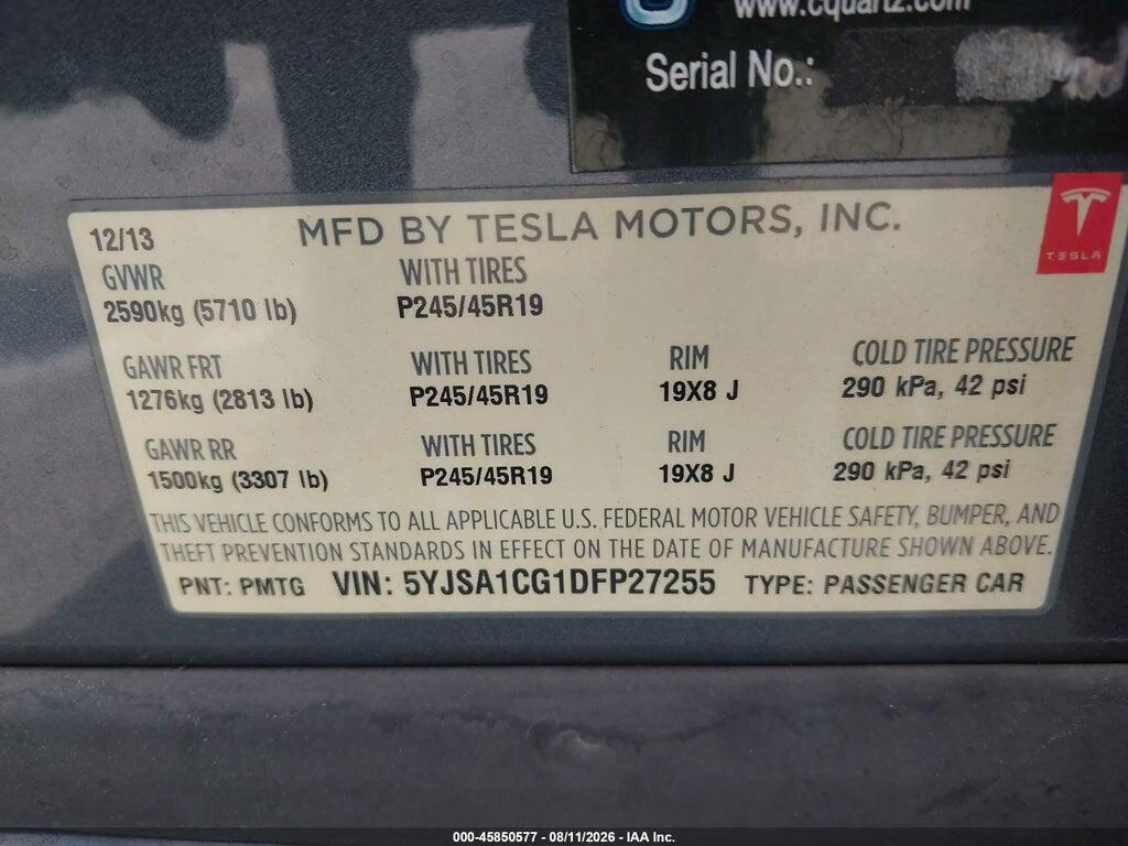 5YJSA1CG1DFP27255 2013 TESLA MODEL S photo no. 9
