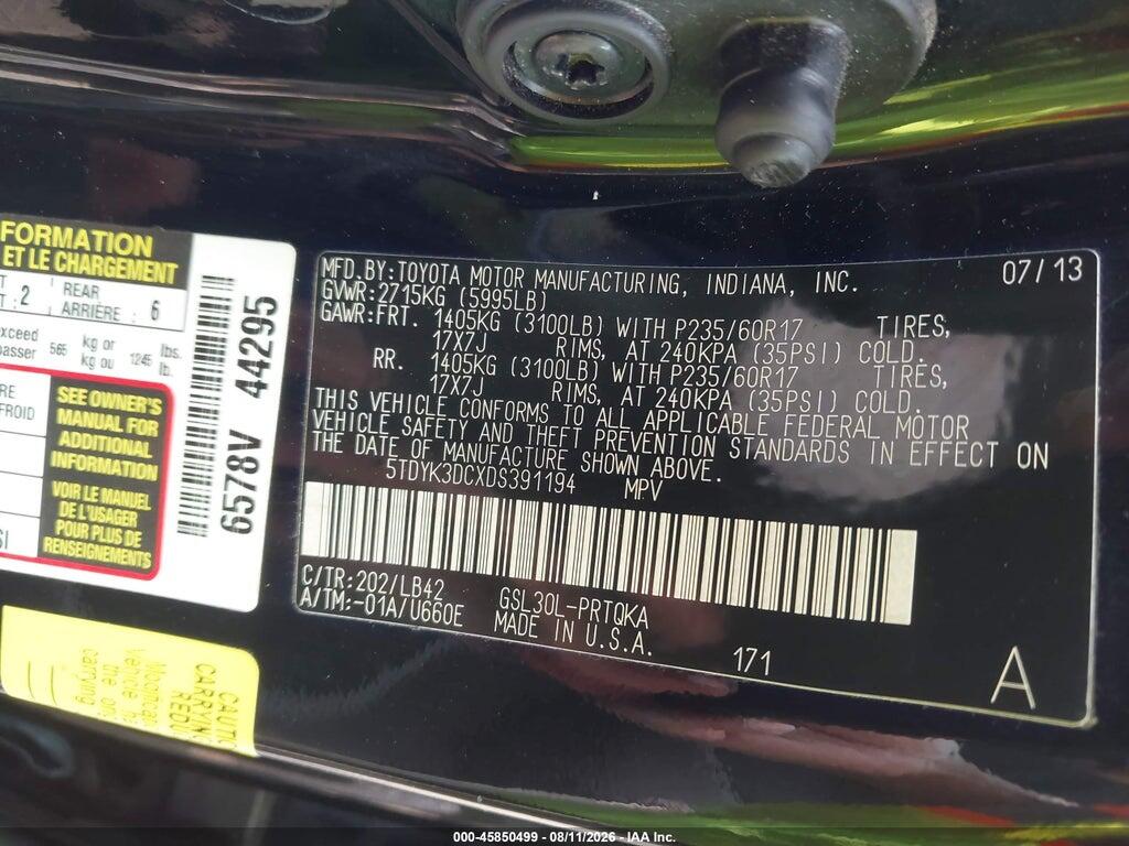 5TDYK3DCXDS391194 2013 TOYOTA SIENNA photo no. 9