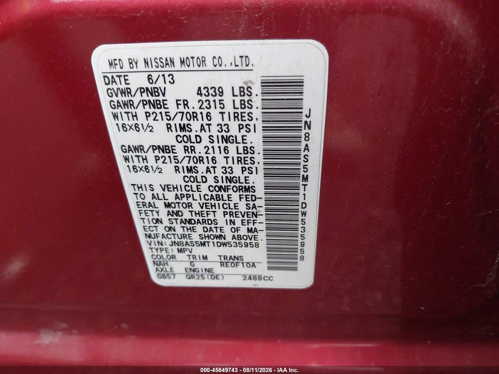 JN8AS5MT1DW535958 2013 NISSAN ROGUE photo no. 9