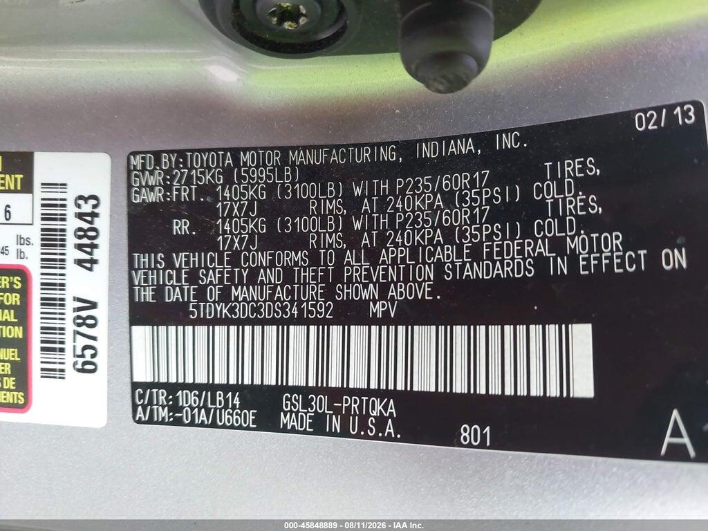 5TDYK3DC3DS341592 2013 TOYOTA SIENNA photo no. 9