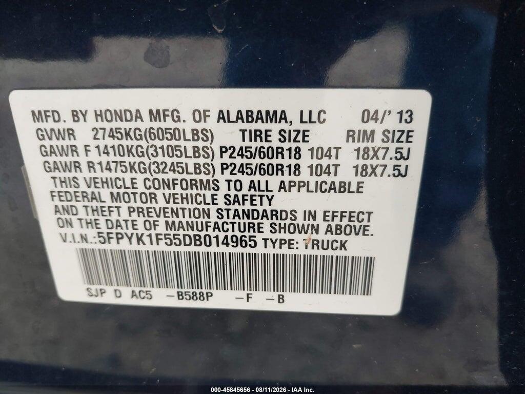 5FPYK1F55DB014965 2013 HONDA RIDGELINE photo no. 9